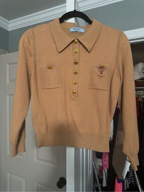 Prada Tan Knit Polo Sweater with Gold Buttons